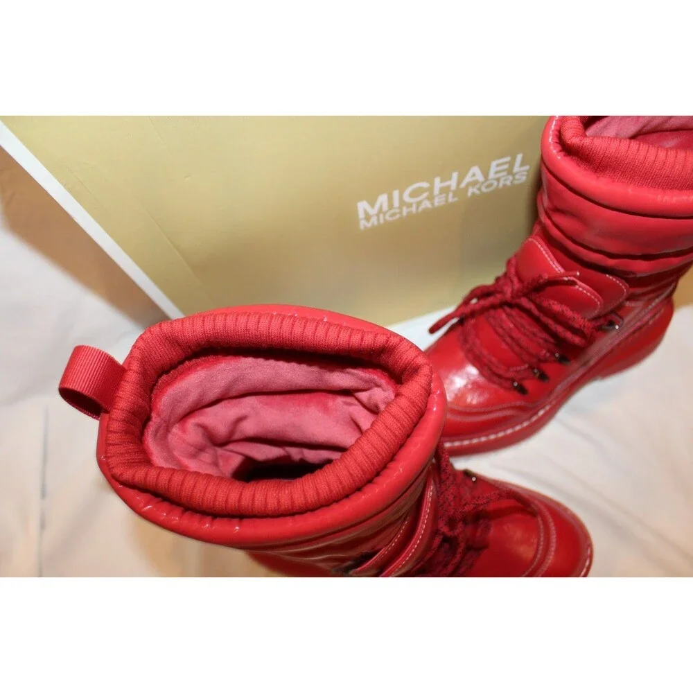 Michael Kors Women Shiloh Combat Boot Mixed Media Red Leather Size 6.5 NIB $295